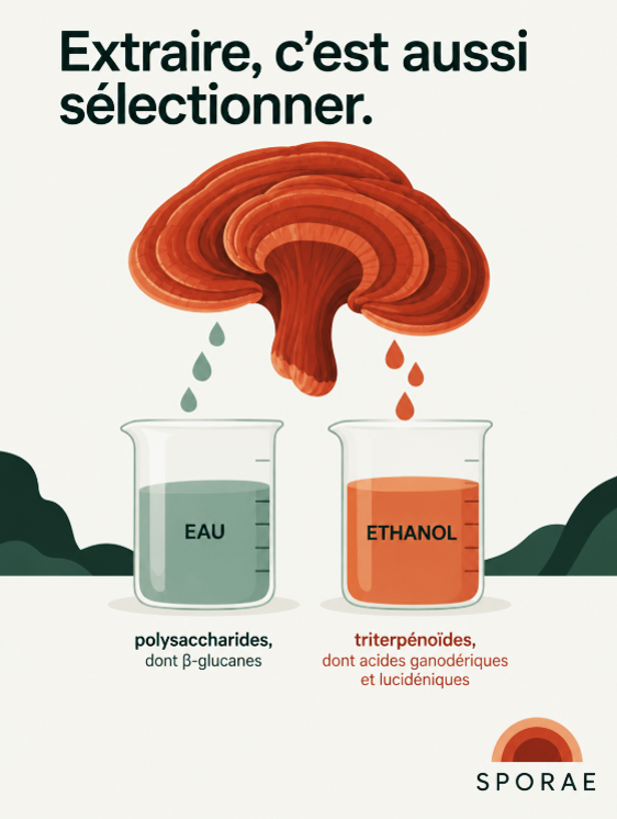 Un reishi peut avoir deux familles de principes actifs miscibles dans l'eau, ou bien dans l'alcool ou dans un corps gras.